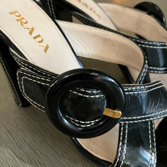 PRADA | Luxury Black Leather White Stitch Criss-Cross Buckle Heel | Size 37.5 - Picture 10 of 10